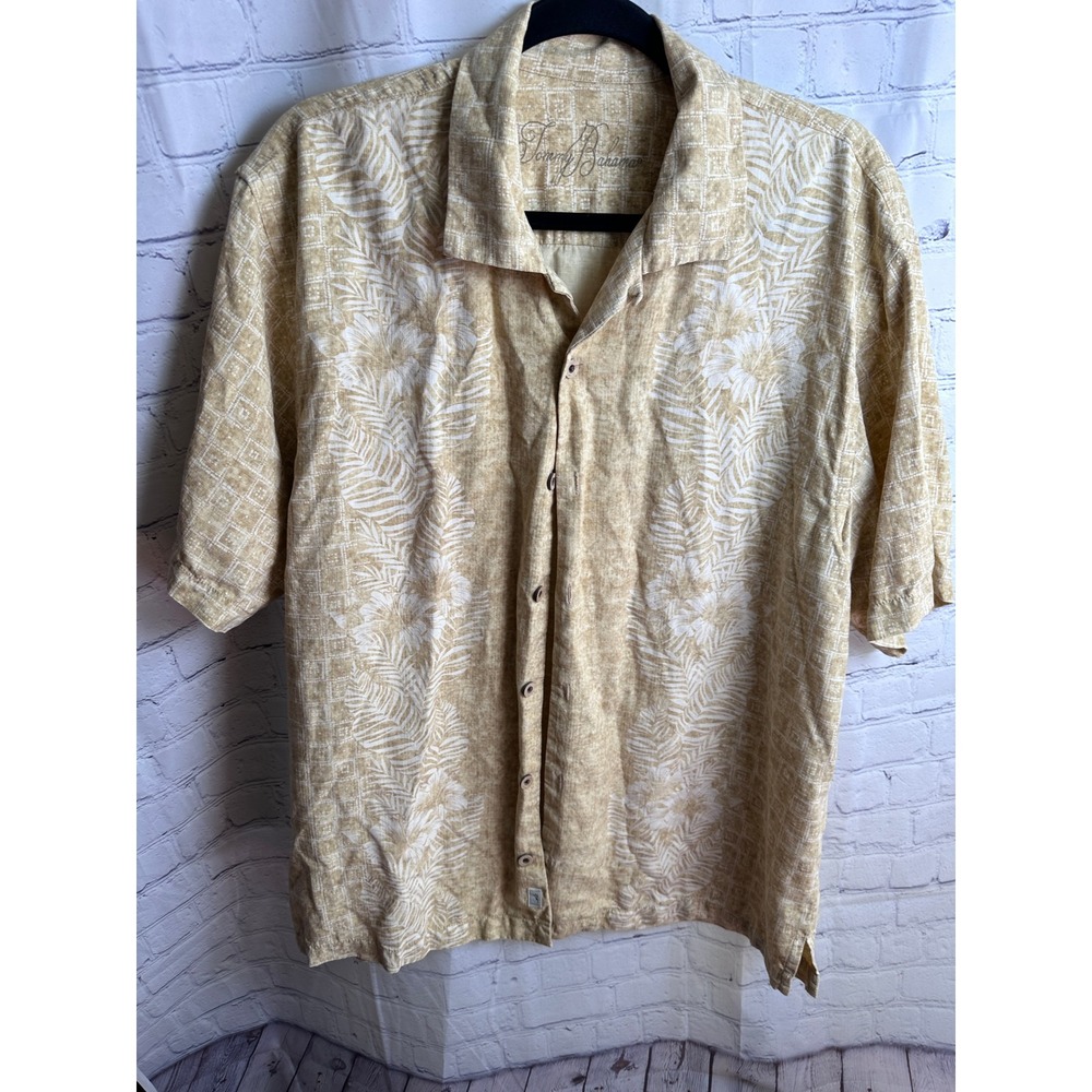 Tommy Bahama Camp Shirt‎ Tropical Floral Print Button Up Beige Size L